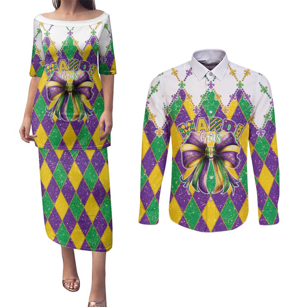 Love Mardi Gras Couples Matching Puletasi and Long Sleeve Button Shirt Coquette Bow Glitter Style