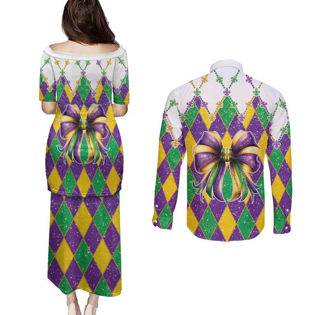 Love Mardi Gras Couples Matching Puletasi and Long Sleeve Button Shirt Coquette Bow Glitter Style