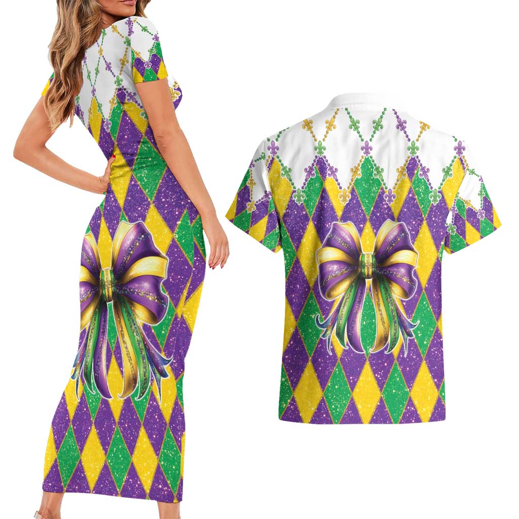 Love Mardi Gras Couples Matching Short Sleeve Bodycon Dress and Hawaiian Shirt Coquette Bow Glitter Style