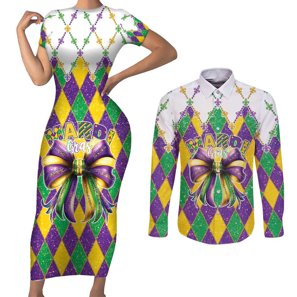 Love Mardi Gras Couples Matching Short Sleeve Bodycon Dress and Long Sleeve Button Shirt Coquette Bow Glitter Style