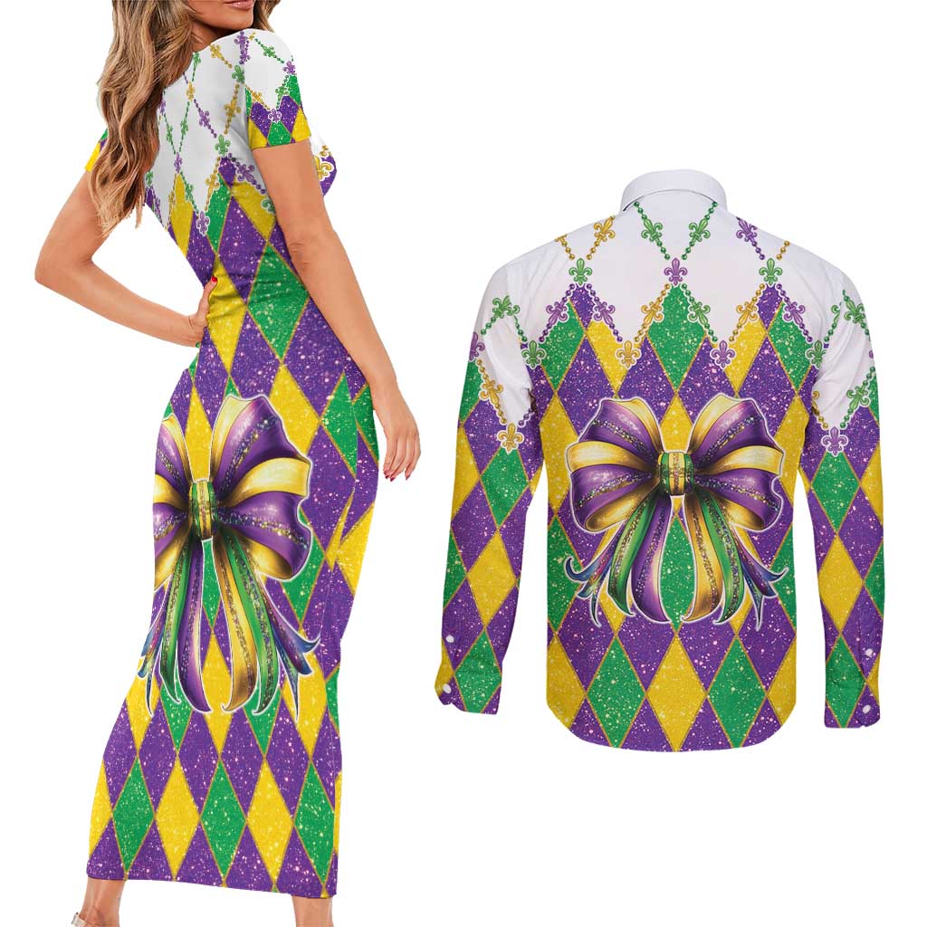 Love Mardi Gras Couples Matching Short Sleeve Bodycon Dress and Long Sleeve Button Shirt Coquette Bow Glitter Style