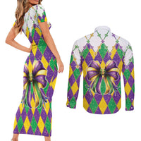 Love Mardi Gras Couples Matching Short Sleeve Bodycon Dress and Long Sleeve Button Shirt Coquette Bow Glitter Style