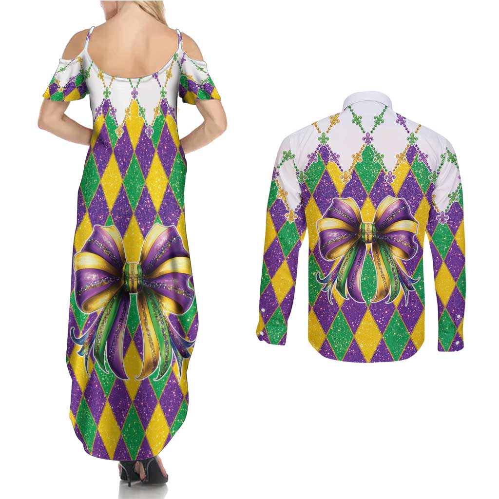 Love Mardi Gras Couples Matching Summer Maxi Dress and Long Sleeve Button Shirt Coquette Bow Glitter Style