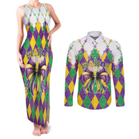 Love Mardi Gras Couples Matching Tank Maxi Dress and Long Sleeve Button Shirt Coquette Bow Glitter Style