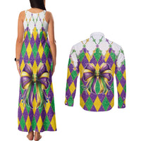 Love Mardi Gras Couples Matching Tank Maxi Dress and Long Sleeve Button Shirt Coquette Bow Glitter Style
