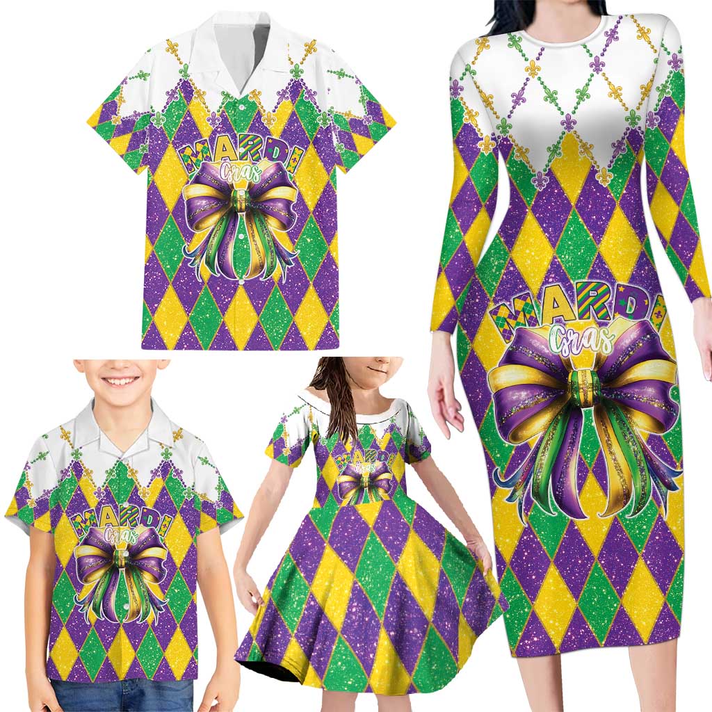Love Mardi Gras Family Matching Long Sleeve Bodycon Dress and Hawaiian Shirt Coquette Bow Glitter Style