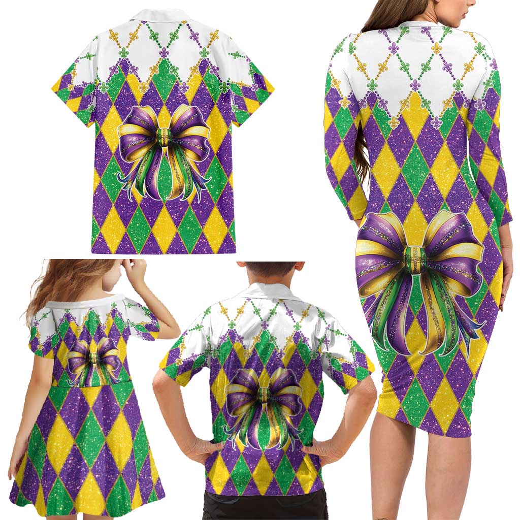 Love Mardi Gras Family Matching Long Sleeve Bodycon Dress and Hawaiian Shirt Coquette Bow Glitter Style