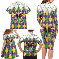 Love Mardi Gras Family Matching Long Sleeve Bodycon Dress and Hawaiian Shirt Coquette Bow Glitter Style