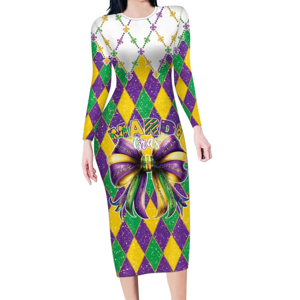 Love Mardi Gras Family Matching Long Sleeve Bodycon Dress and Hawaiian Shirt Coquette Bow Glitter Style