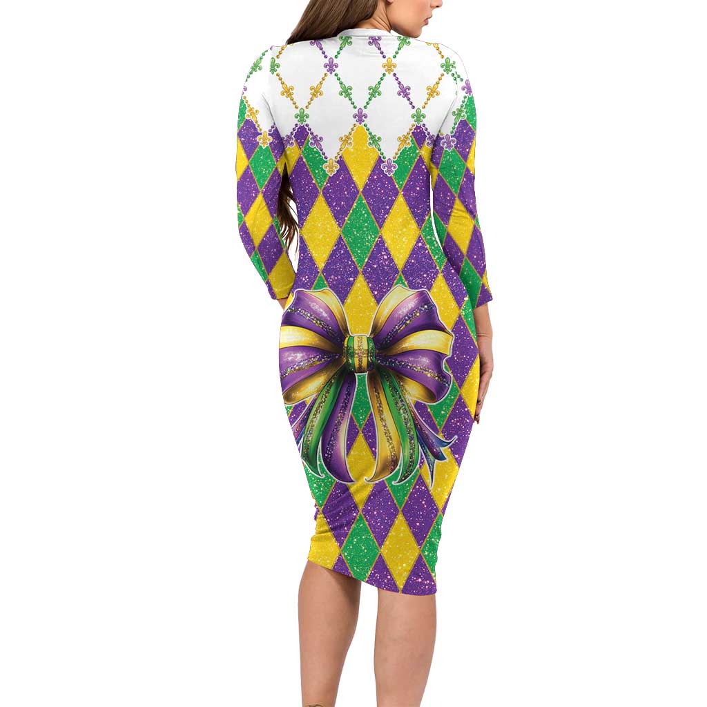Love Mardi Gras Family Matching Long Sleeve Bodycon Dress and Hawaiian Shirt Coquette Bow Glitter Style