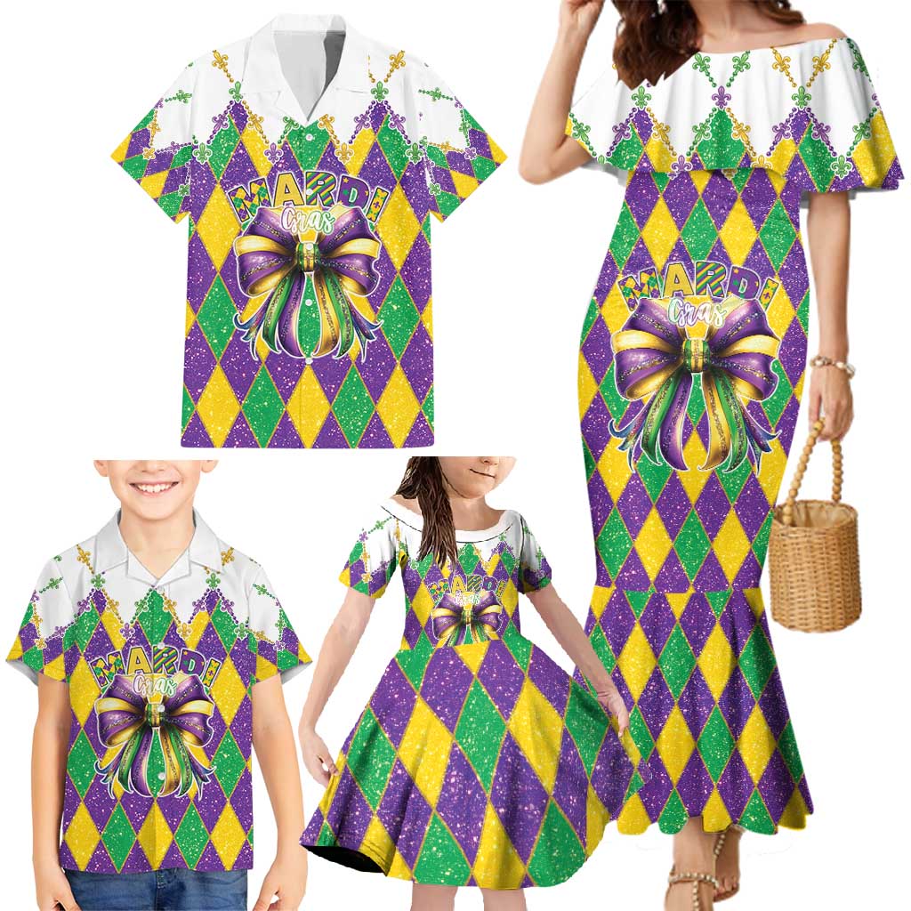 Love Mardi Gras Family Matching Mermaid Dress and Hawaiian Shirt Coquette Bow Glitter Style