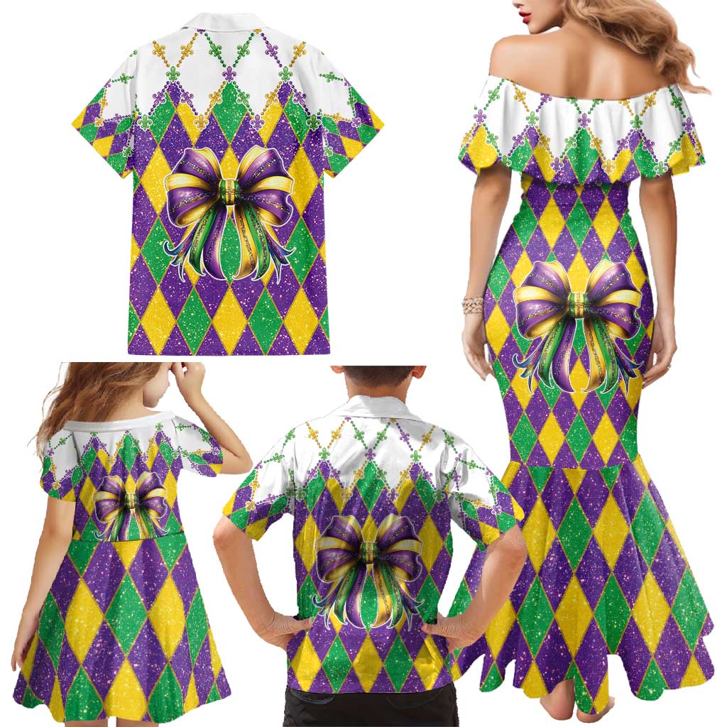 Love Mardi Gras Family Matching Mermaid Dress and Hawaiian Shirt Coquette Bow Glitter Style