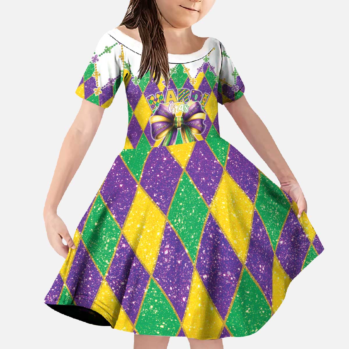 Love Mardi Gras Family Matching Off The Shoulder Long Sleeve Dress and Hawaiian Shirt Coquette Bow Glitter Style