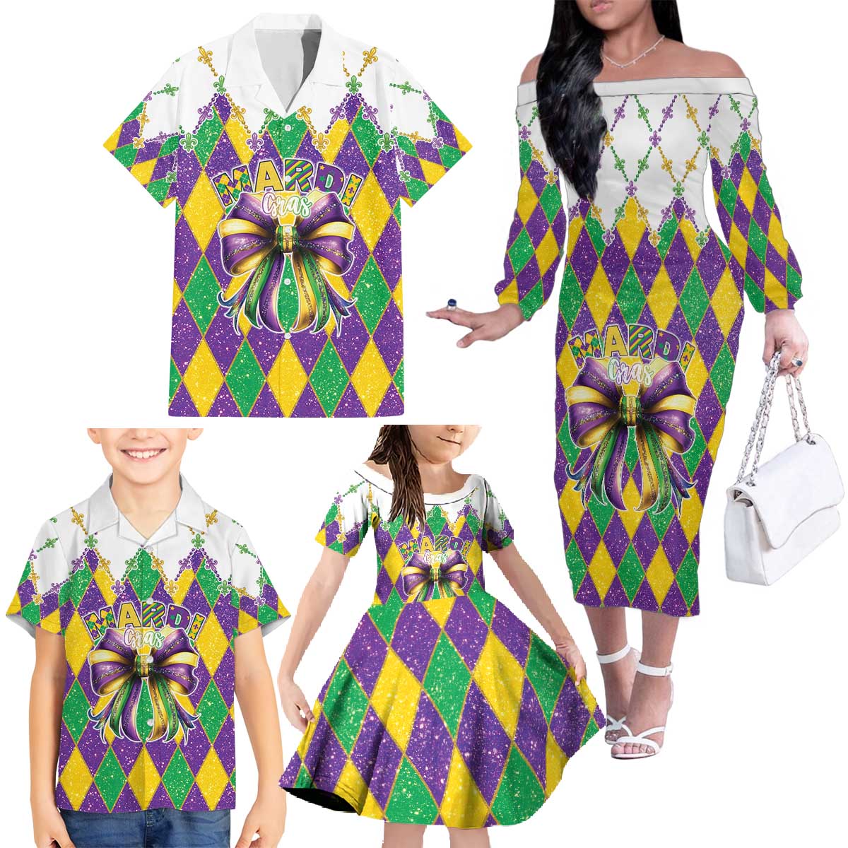 Love Mardi Gras Family Matching Off The Shoulder Long Sleeve Dress and Hawaiian Shirt Coquette Bow Glitter Style