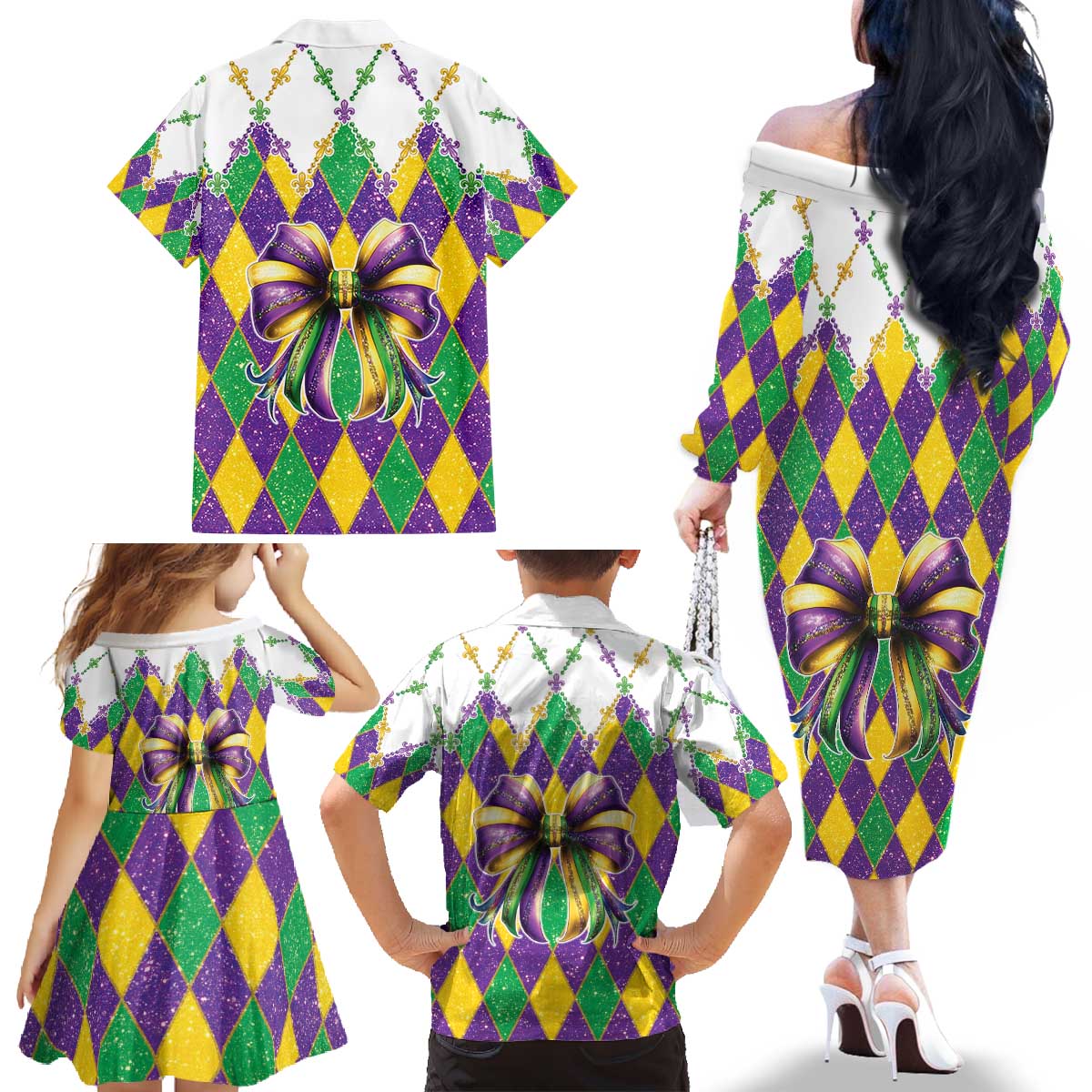 Love Mardi Gras Family Matching Off The Shoulder Long Sleeve Dress and Hawaiian Shirt Coquette Bow Glitter Style
