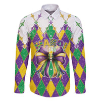 Love Mardi Gras Family Matching Off The Shoulder Long Sleeve Dress and Hawaiian Shirt Coquette Bow Glitter Style