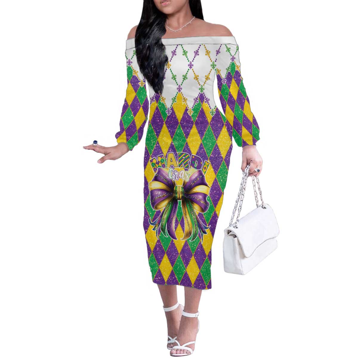 Love Mardi Gras Family Matching Off The Shoulder Long Sleeve Dress and Hawaiian Shirt Coquette Bow Glitter Style