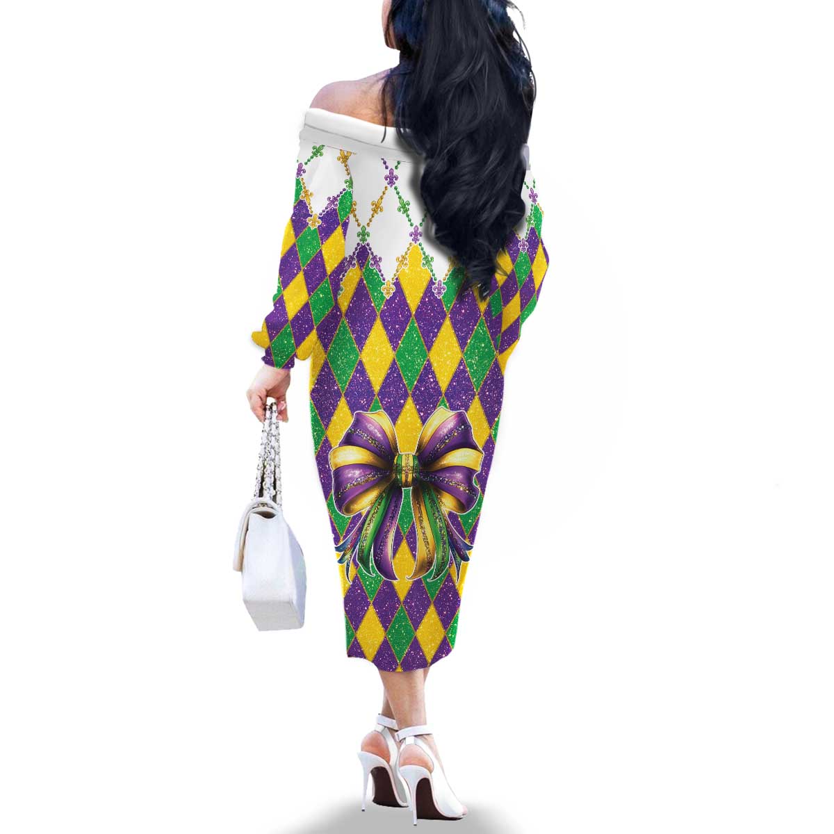 Love Mardi Gras Family Matching Off The Shoulder Long Sleeve Dress and Hawaiian Shirt Coquette Bow Glitter Style