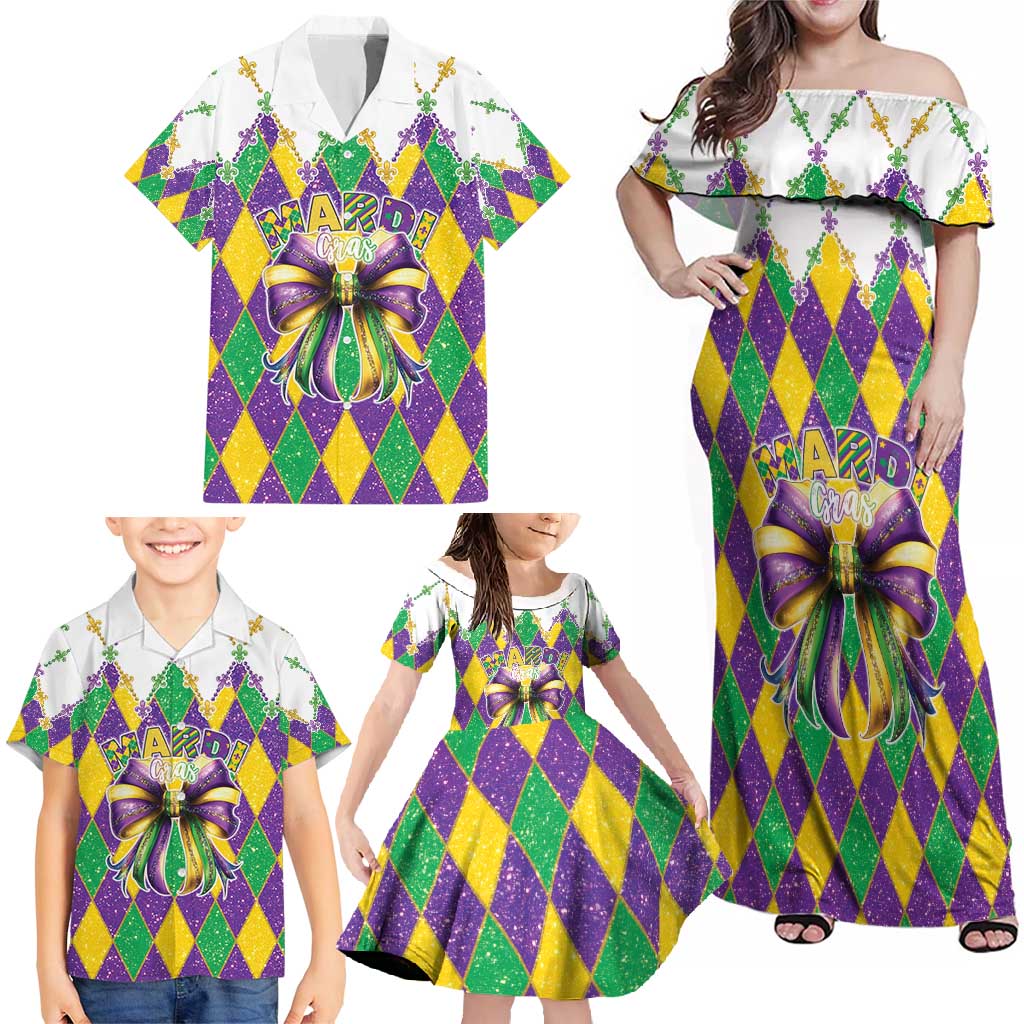 Love Mardi Gras Family Matching Off Shoulder Maxi Dress and Hawaiian Shirt Coquette Bow Glitter Style