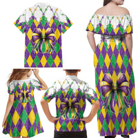 Love Mardi Gras Family Matching Off Shoulder Maxi Dress and Hawaiian Shirt Coquette Bow Glitter Style