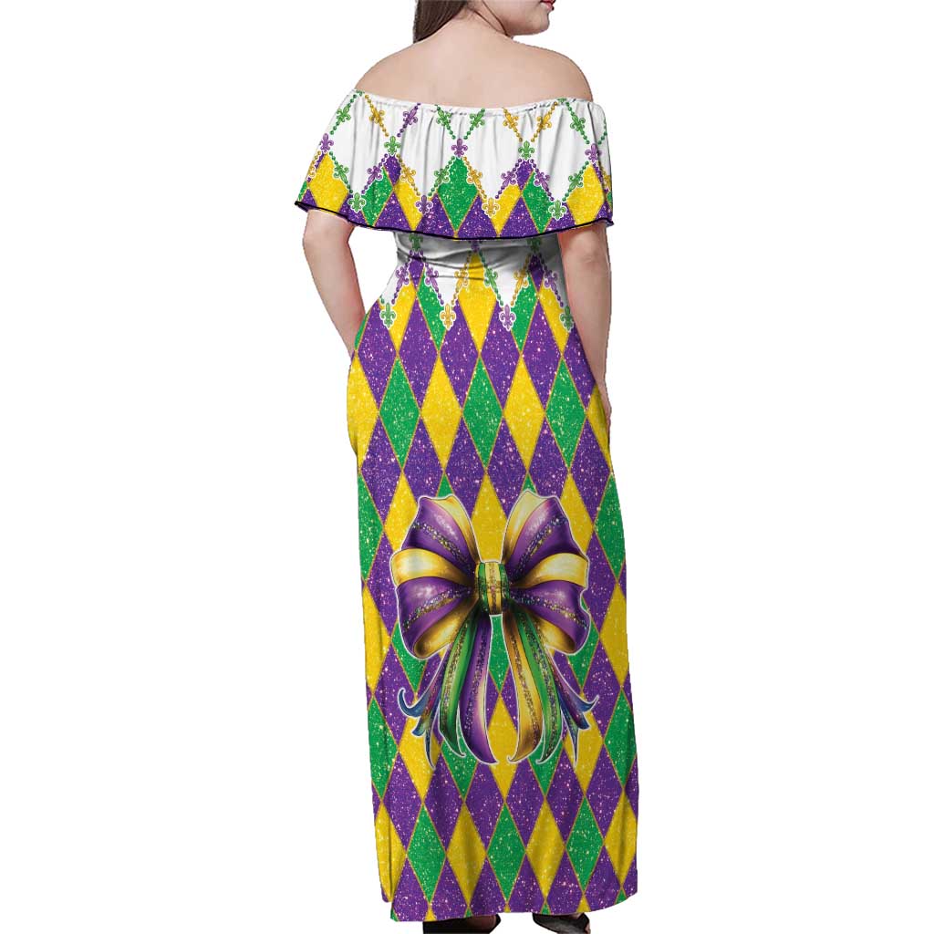 Love Mardi Gras Family Matching Off Shoulder Maxi Dress and Hawaiian Shirt Coquette Bow Glitter Style