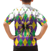 Love Mardi Gras Family Matching Off Shoulder Short Dress and Hawaiian Shirt Coquette Bow Glitter Style