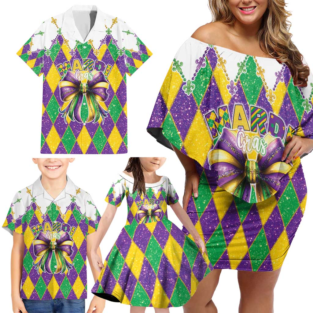 Love Mardi Gras Family Matching Off Shoulder Short Dress and Hawaiian Shirt Coquette Bow Glitter Style