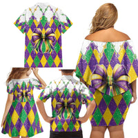 Love Mardi Gras Family Matching Off Shoulder Short Dress and Hawaiian Shirt Coquette Bow Glitter Style