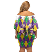 Love Mardi Gras Family Matching Off Shoulder Short Dress and Hawaiian Shirt Coquette Bow Glitter Style