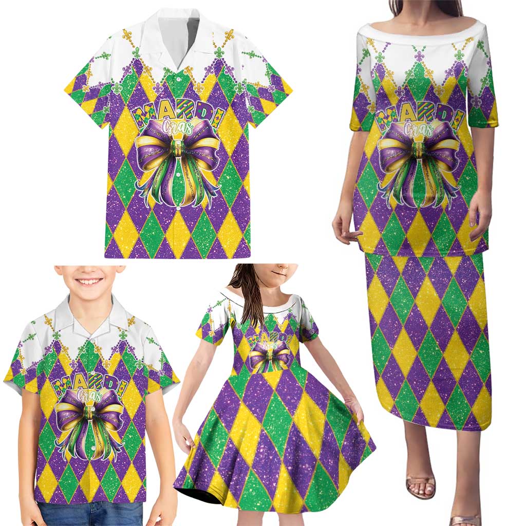 Love Mardi Gras Family Matching Puletasi and Hawaiian Shirt Coquette Bow Glitter Style