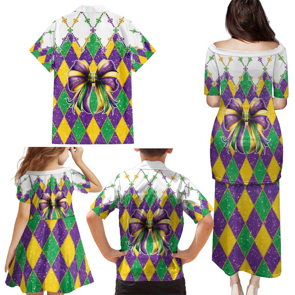 Love Mardi Gras Family Matching Puletasi and Hawaiian Shirt Coquette Bow Glitter Style