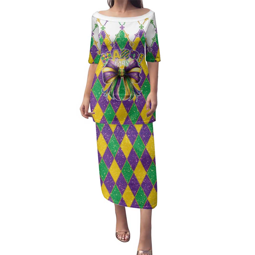 Love Mardi Gras Family Matching Puletasi and Hawaiian Shirt Coquette Bow Glitter Style