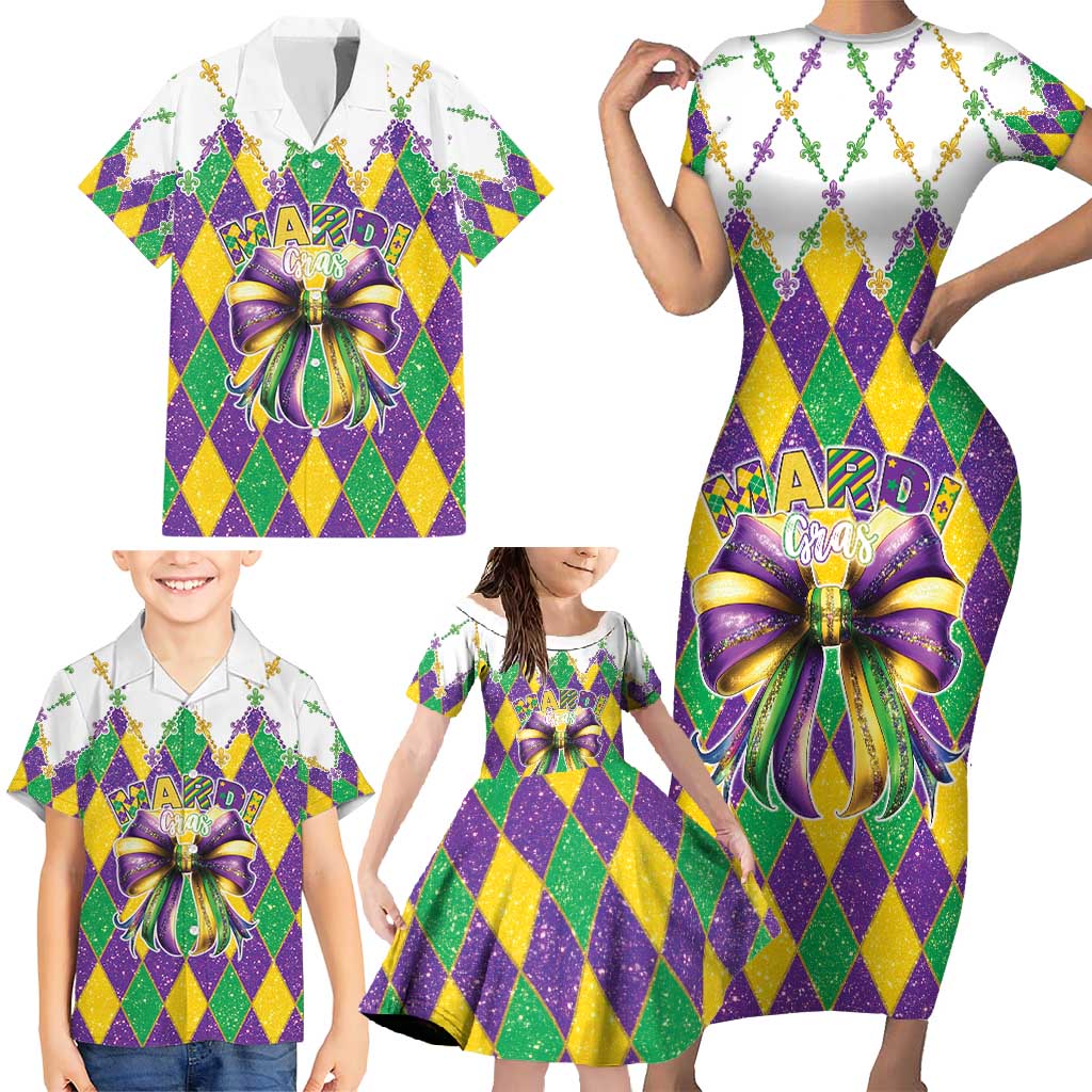 Love Mardi Gras Family Matching Short Sleeve Bodycon Dress and Hawaiian Shirt Coquette Bow Glitter Style