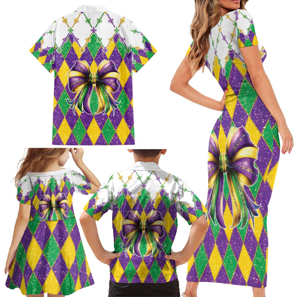 Love Mardi Gras Family Matching Short Sleeve Bodycon Dress and Hawaiian Shirt Coquette Bow Glitter Style
