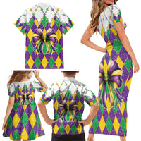 Love Mardi Gras Family Matching Short Sleeve Bodycon Dress and Hawaiian Shirt Coquette Bow Glitter Style