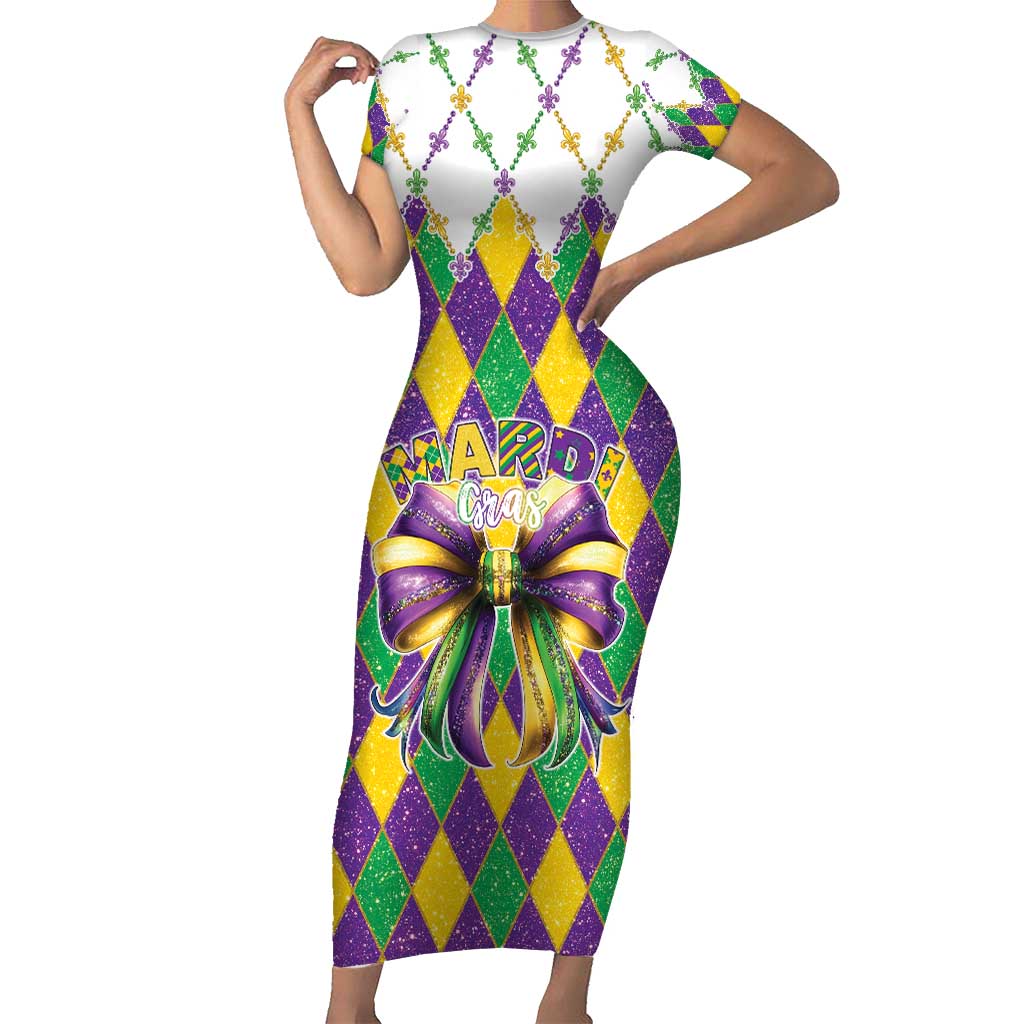 Love Mardi Gras Family Matching Short Sleeve Bodycon Dress and Hawaiian Shirt Coquette Bow Glitter Style
