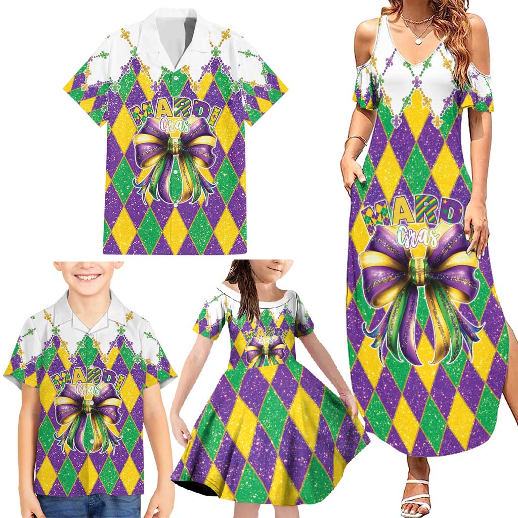 Love Mardi Gras Family Matching Summer Maxi Dress and Hawaiian Shirt Coquette Bow Glitter Style