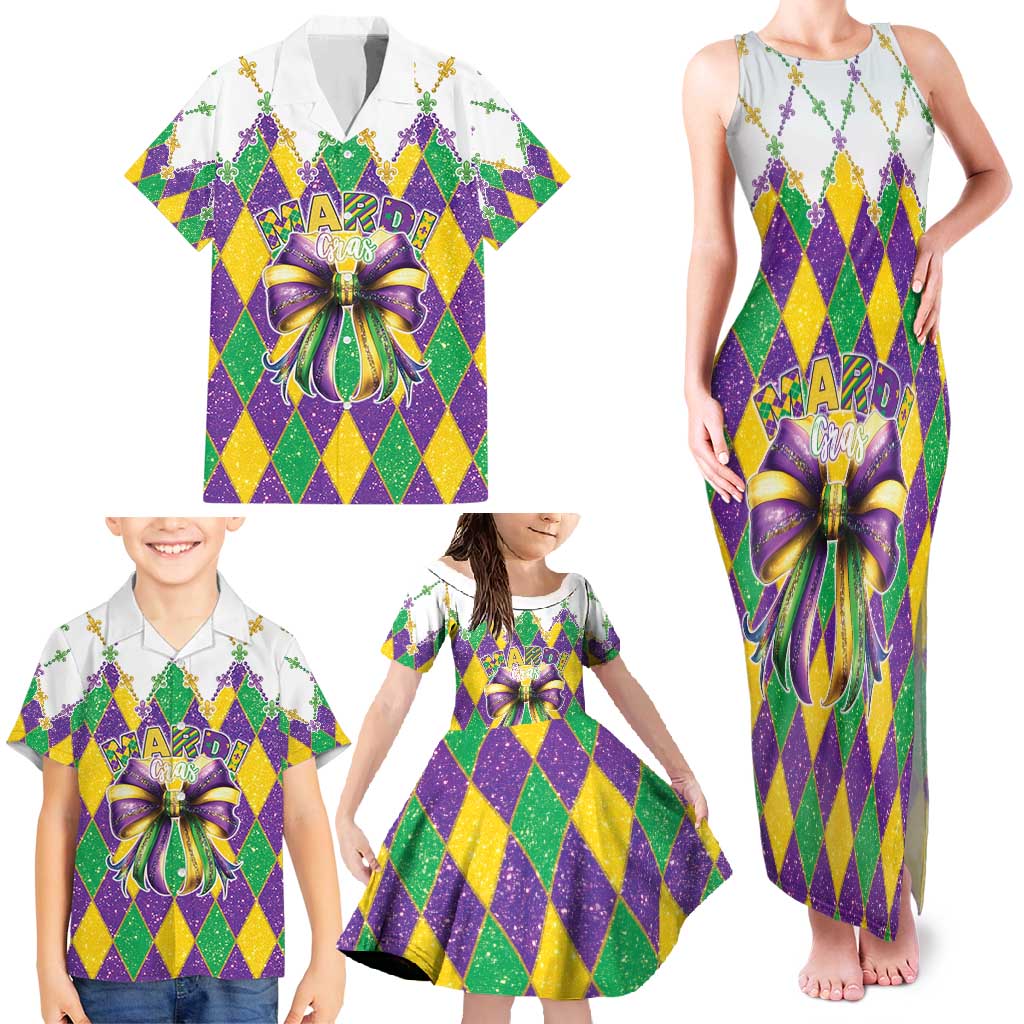 Love Mardi Gras Family Matching Tank Maxi Dress and Hawaiian Shirt Coquette Bow Glitter Style