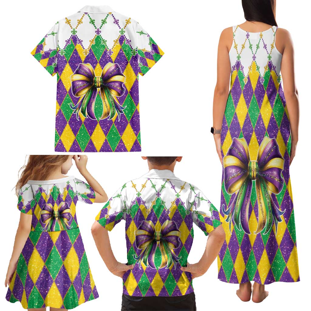 Love Mardi Gras Family Matching Tank Maxi Dress and Hawaiian Shirt Coquette Bow Glitter Style