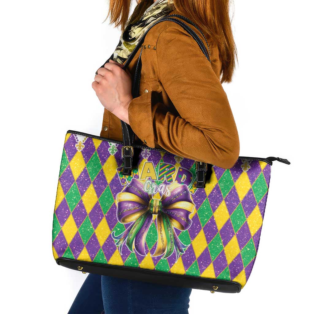 Love Mardi Gras Leather Tote Bag Coquette Bow Glitter Style