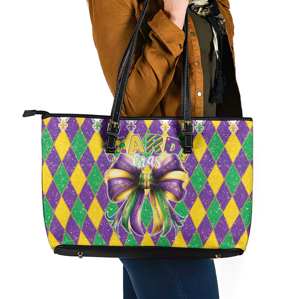 Love Mardi Gras Leather Tote Bag Coquette Bow Glitter Style