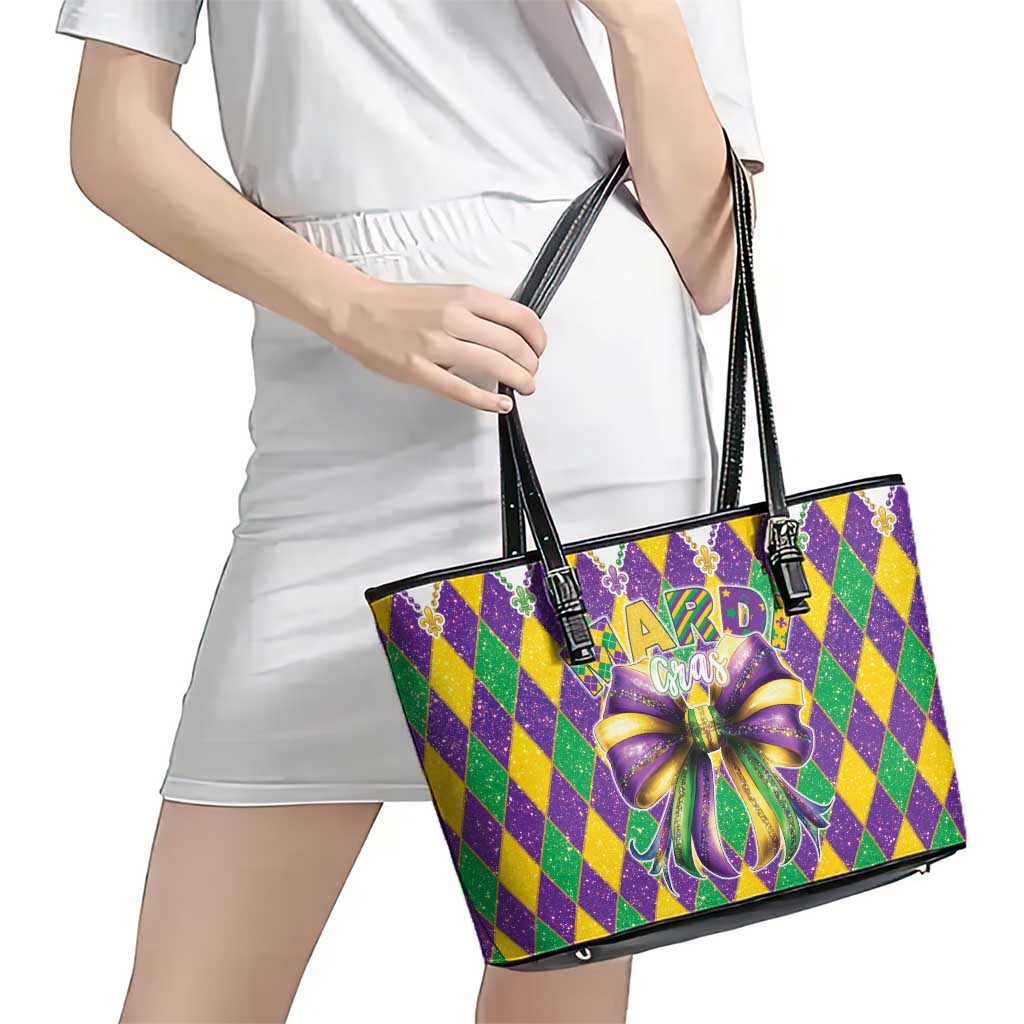 Love Mardi Gras Leather Tote Bag Coquette Bow Glitter Style