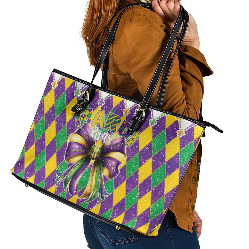 Love Mardi Gras Leather Tote Bag Coquette Bow Glitter Style
