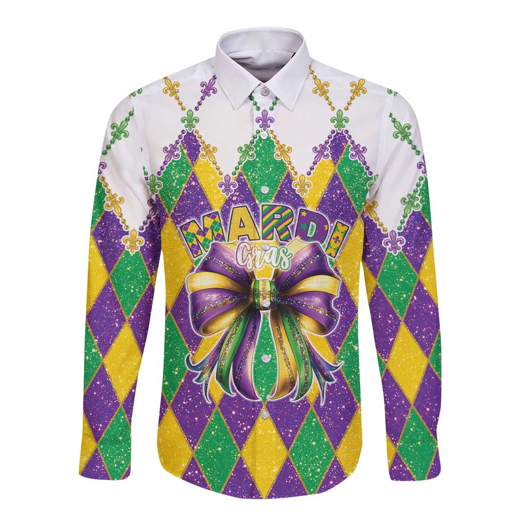 Love Mardi Gras Long Sleeve Button Shirt Coquette Bow Glitter Style