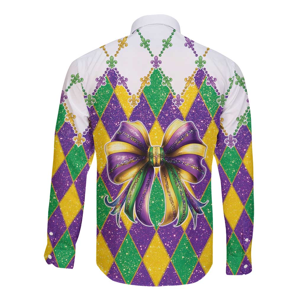 Love Mardi Gras Long Sleeve Button Shirt Coquette Bow Glitter Style