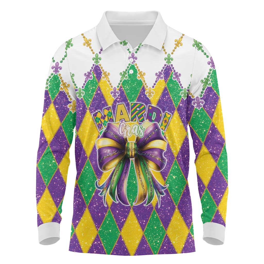 Love Mardi Gras Long Sleeve Polo Shirt Coquette Bow Glitter Style