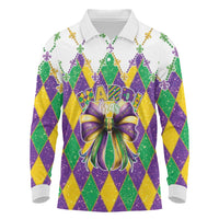 Love Mardi Gras Long Sleeve Polo Shirt Coquette Bow Glitter Style