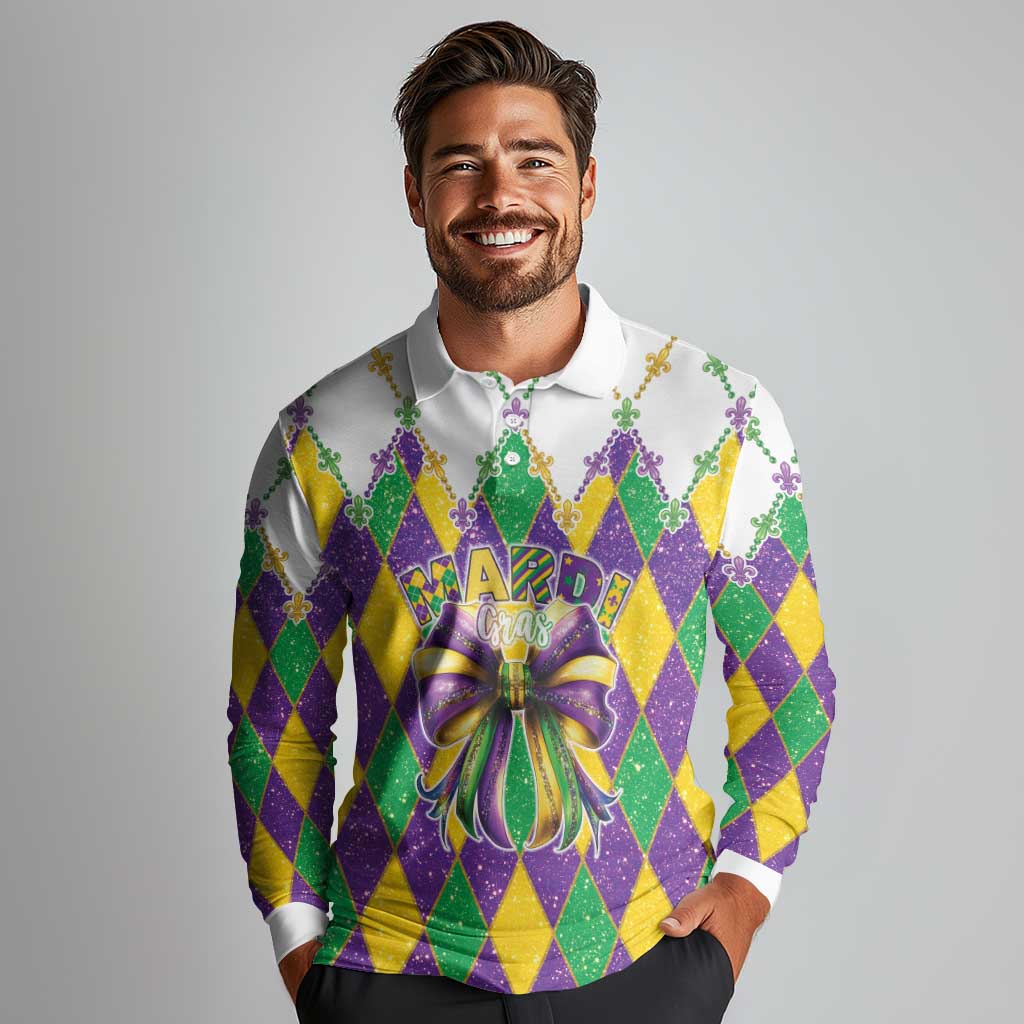 Love Mardi Gras Long Sleeve Polo Shirt Coquette Bow Glitter Style