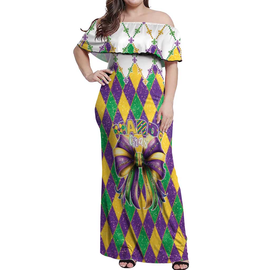 Love Mardi Gras Off Shoulder Maxi Dress Coquette Bow Glitter Style
