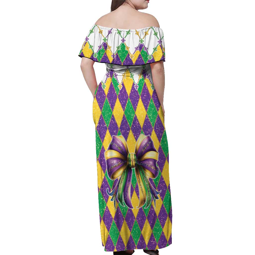 Love Mardi Gras Off Shoulder Maxi Dress Coquette Bow Glitter Style